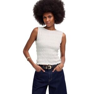 Madewell Smocked Boatneck Tank White Textured Ruched XS